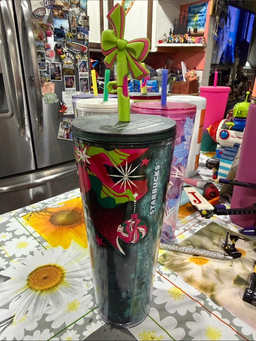 Starbucks Green and Pink Holiday Tumbler with Bow Straw